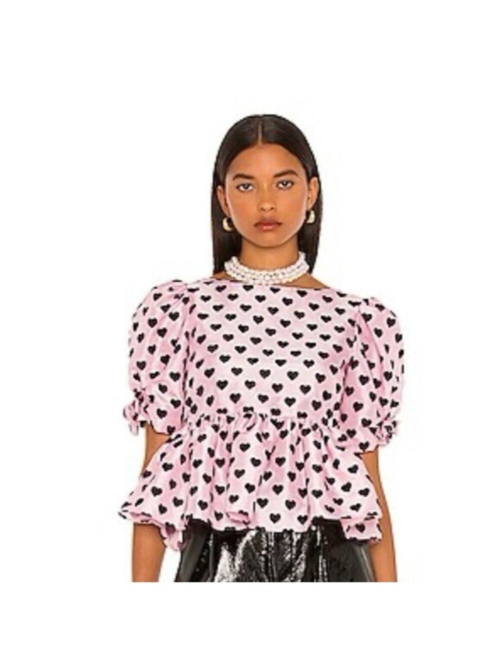 LoveShackFancy Keily Top Pink Black Heart Print Peplum Puff Sleeve Blouse Sz 4